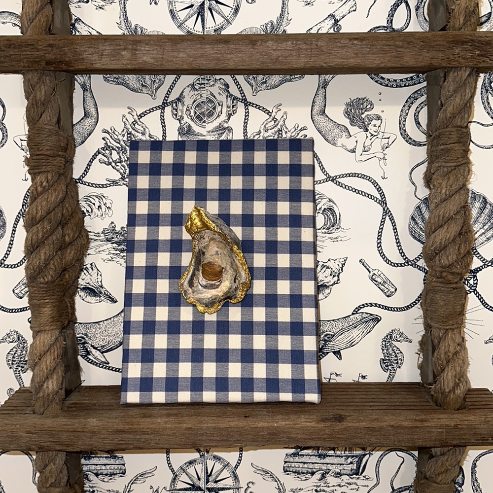 410 Home Design 14 kt Gold Oyster Shell Blue Checked Wall Art & Gives Back🎗️